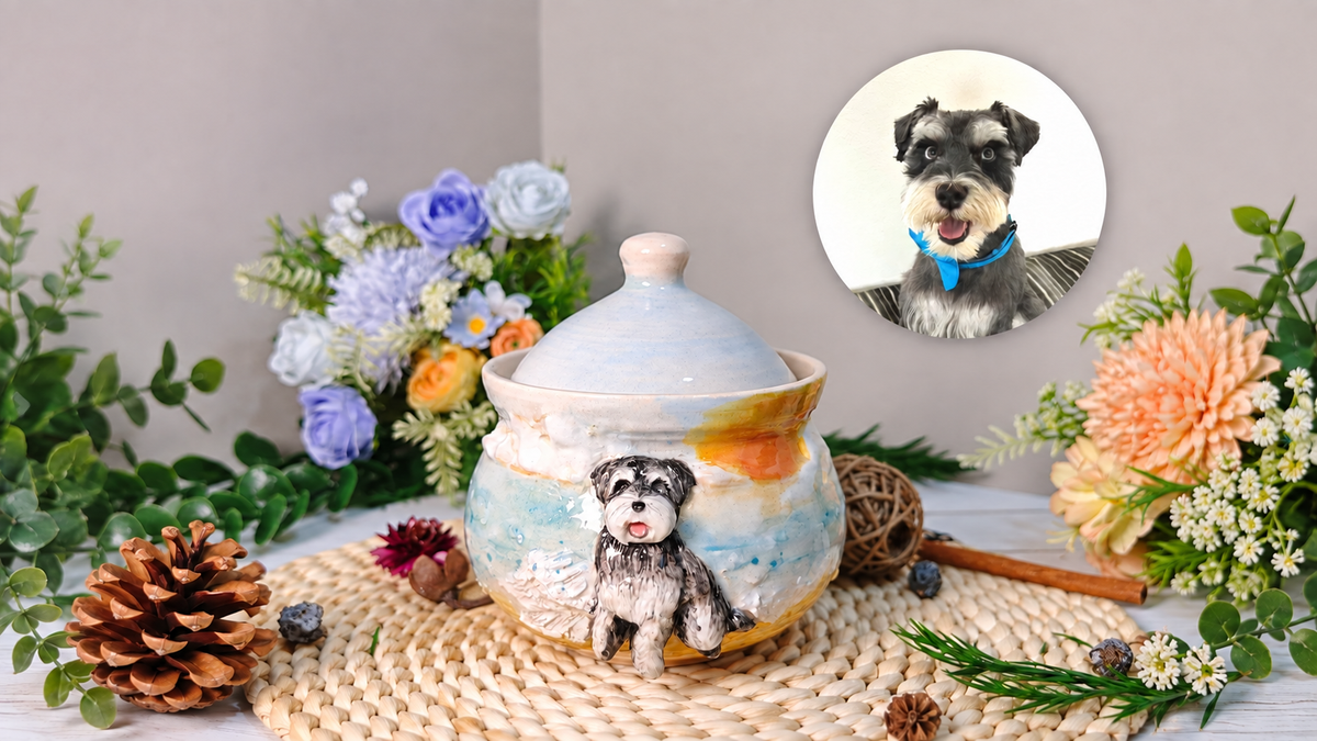 Personalized ceramic pet urn with custom dog portrait and reference photo