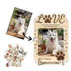 Close up of custom engraved wooden pet photo puzzle pieces
