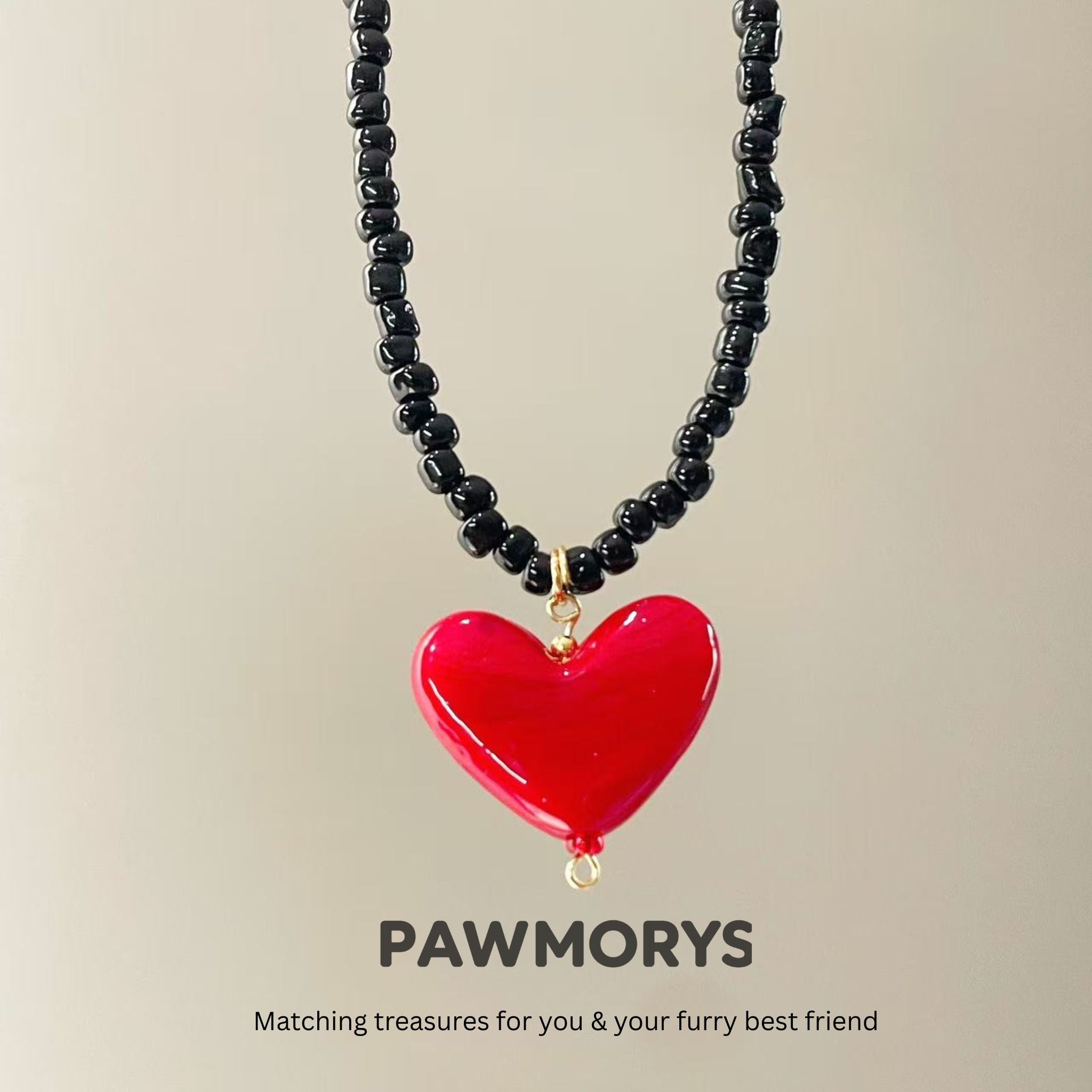 American Sweetheart black bead necklace with a glossy red heart pendant by PAWMORYS