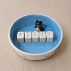 Dog eating from custom ceramic personalized pet bowl