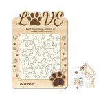 Close up of custom engraved wooden pet photo puzzle pieces