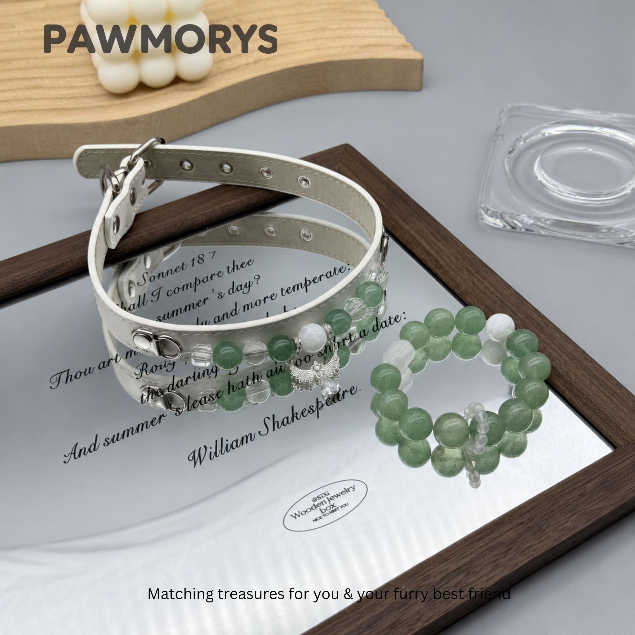 Forest Whisper matching green aventurine pet collar and owner bracelet by PAWMORYS