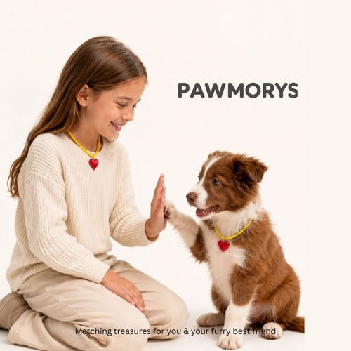 Woman and puppy wearing matching yellow American Sweetheart heart necklaces