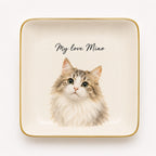 Custom gold rim pet jewelry dish with portrait