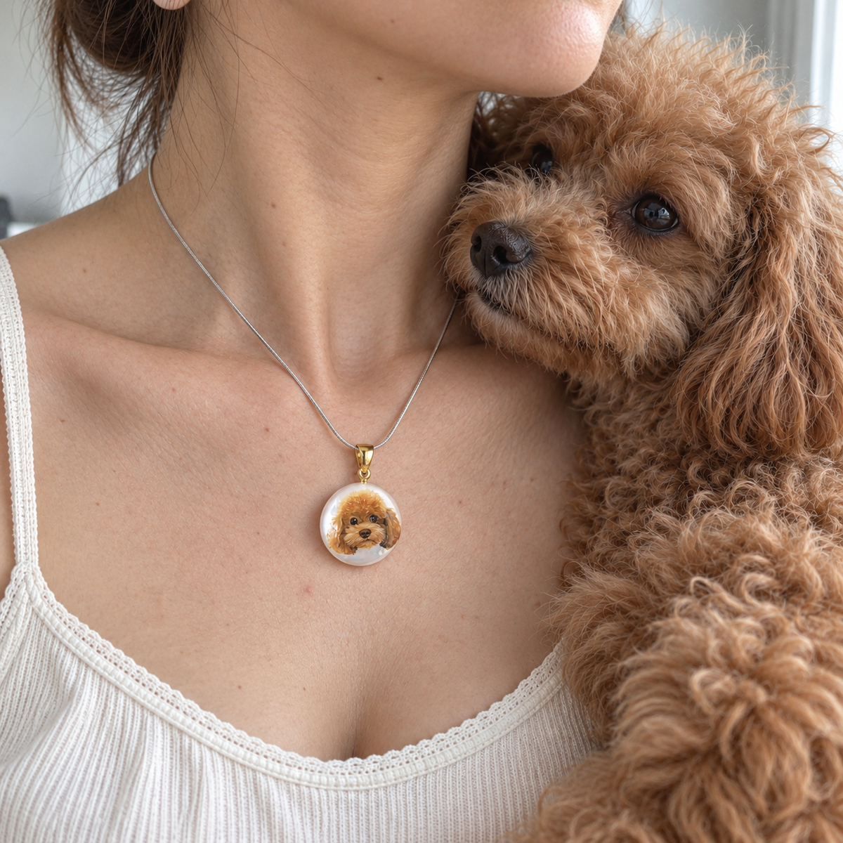 Custom Pet Memorial Pendant – Personalized Dog & Cat Portrait Necklace Gift— Hand Painted on Pearl