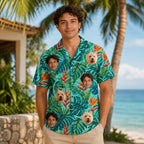 man wearing custom face hawaiian shirt at beach vacation summer outfit