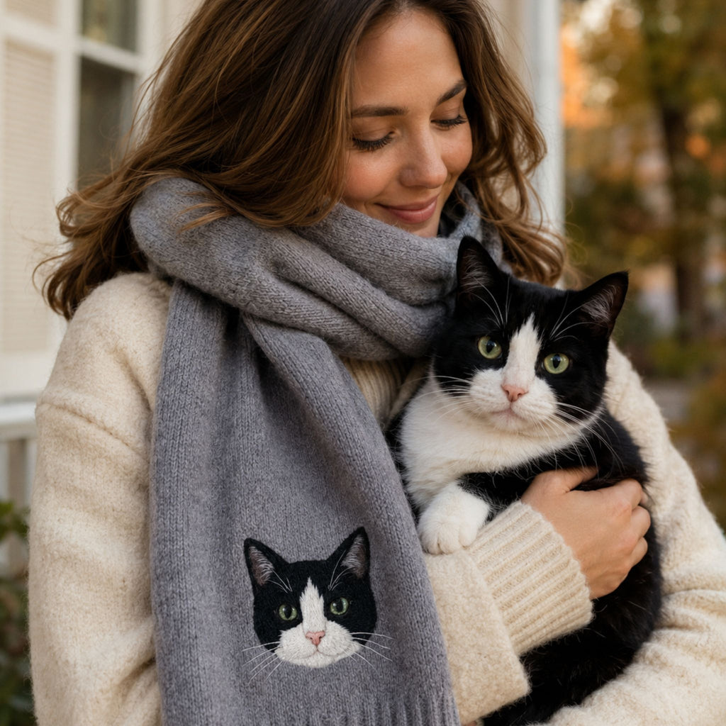 🧣 Personalized Pet Portrait Scarf – Custom Knit Dog & Cat Face Gift for Pet Lovers