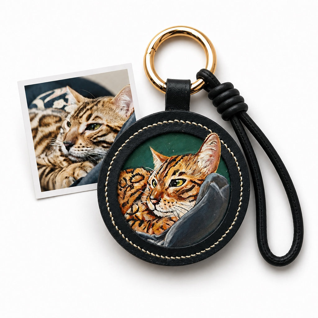 Custom Leather Pet Portrait Keychain – Handmade Embossed Pet Memorial Keyring