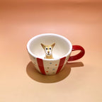 Close up handmade ceramic dog figurine on custom 3D pet mug