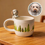 Handmade ceramic mug with custom pet sculpture detail close up