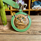 handmade leather cat pet portrait keychain close up engraving detail