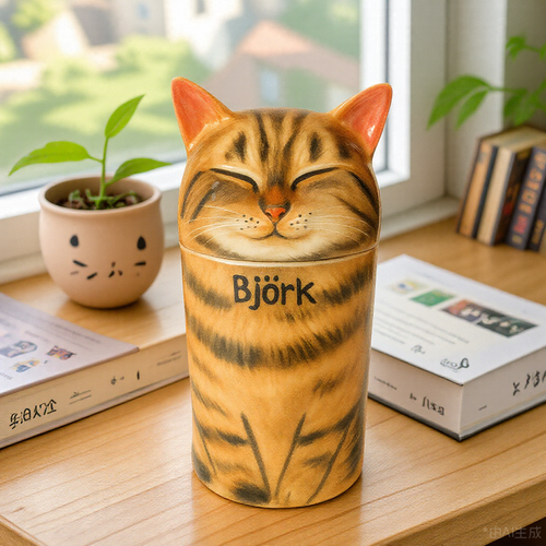 Ceramic pet urn for storing ashes or keepsakes of beloved cat