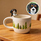Handmade ceramic mug with custom pet sculpture detail close up