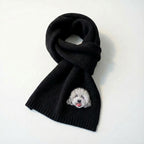 Custom knit scarf with personalized pet portrait of dog or cat face for pet lovers gift