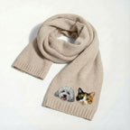 Custom knit scarf with personalized pet portrait of dog or cat face for pet lovers gift