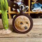 handmade leather pet portrait keychain close up engraving detail