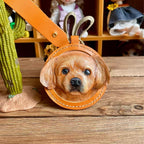 handmade leather pet portrait keychain close up engraving detail