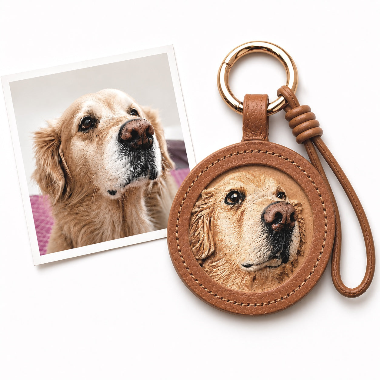 Custom Leather Pet Portrait Keychain – Handmade Embossed Pet Memorial Keyring