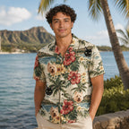 man wearing custom face hawaiian shirt at beach vacation summer outfit
